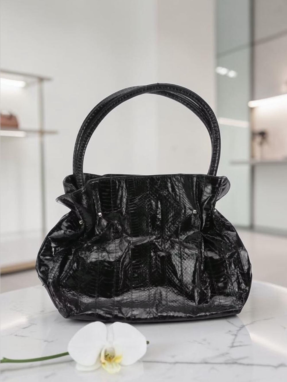 Pure Black Patent Snake Embossed Leather Satchel Y2K Ruched Handbag Purse